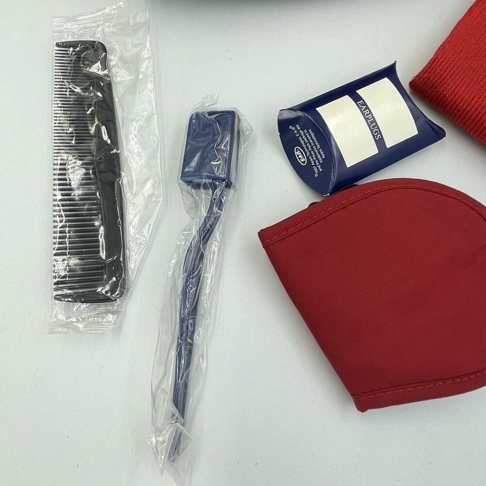 Travel Amenity Kit Red Eye Mask Earplugs Toothbrush Toothpaste Case New - Picture 3 of 15